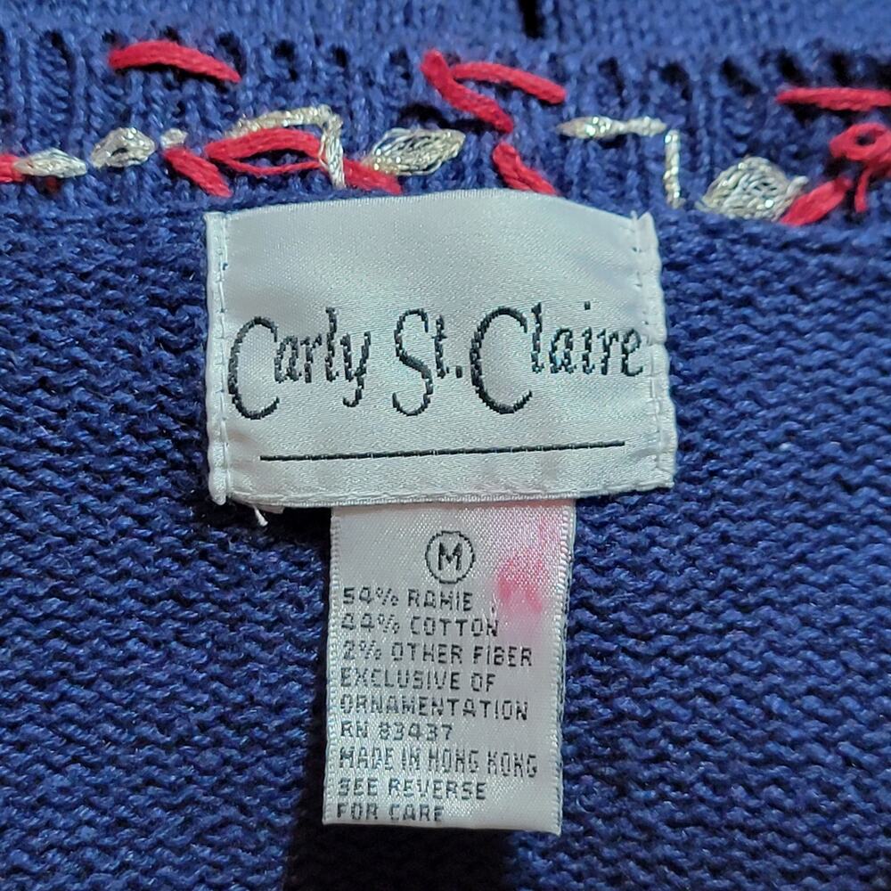 Vintage Carly St Claire Embroidered Christmas Cardigan Sweater Blue Red M Retro - Picture 9 of 11